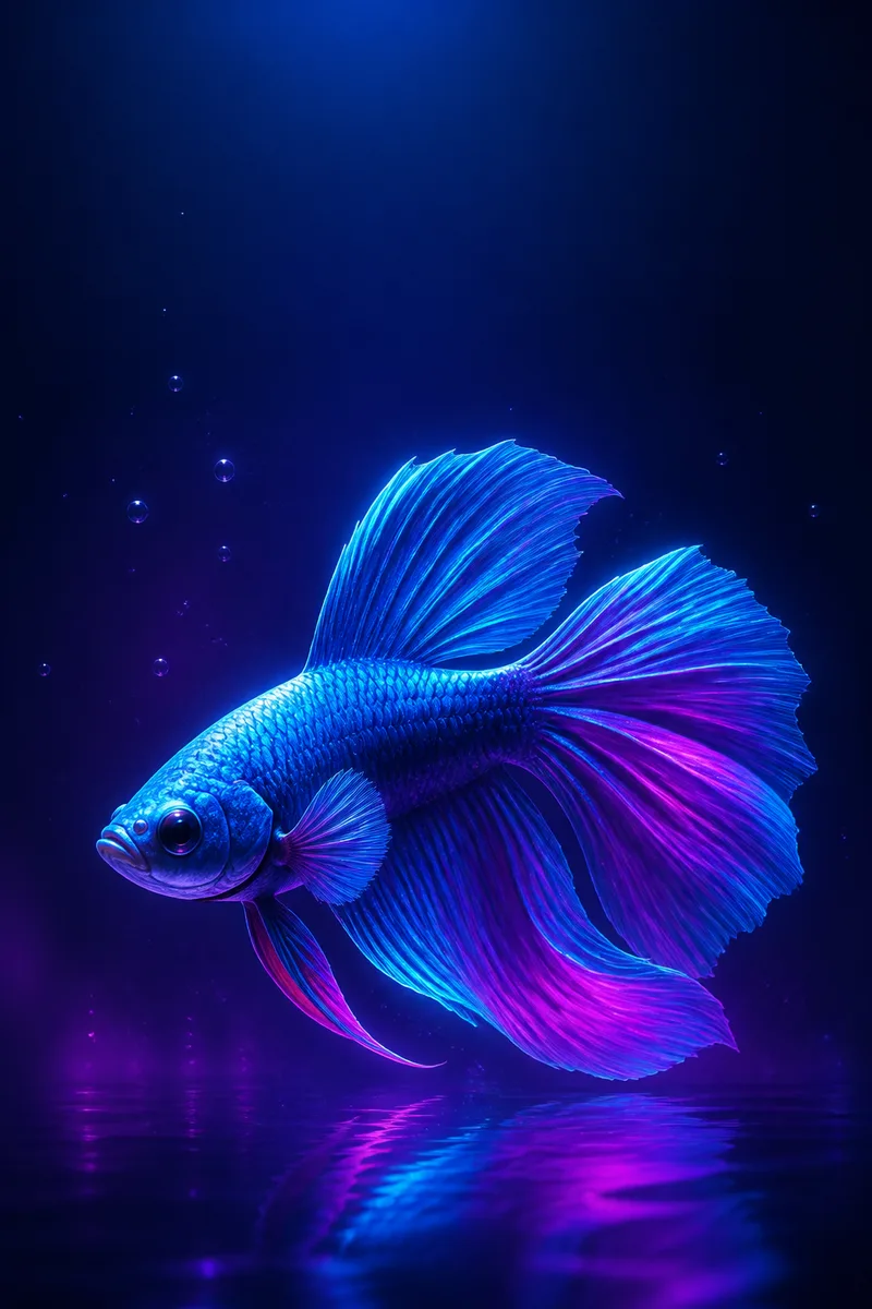 Original digital illustration of a luminous cyan and magenta fish in deep blue water with bubbles and open space above